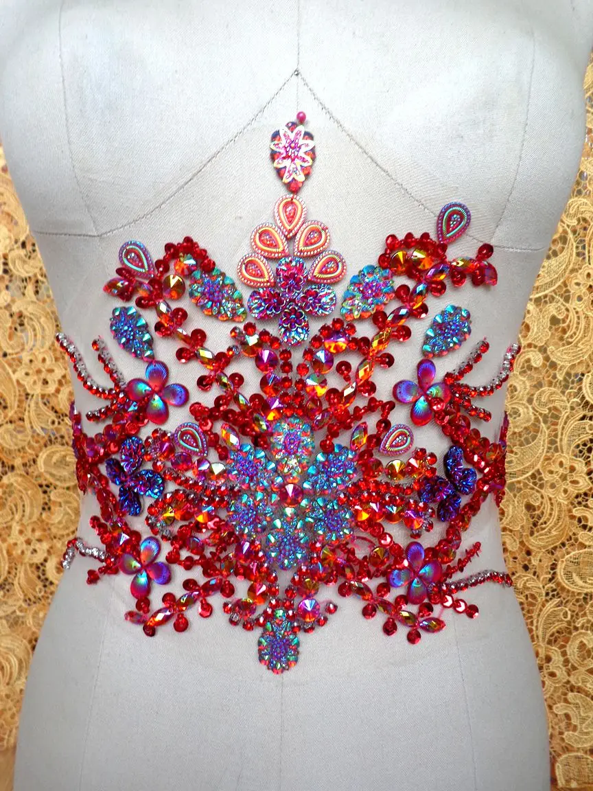 

hand made Red sew on Rhinestones applique crystals patches 35*22cm for top dress skirt belt