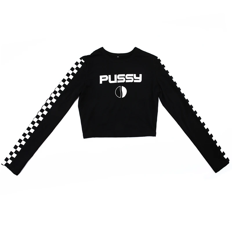 Женская футболка с шахматным принтом Приталенная круглым вырезом и длинным