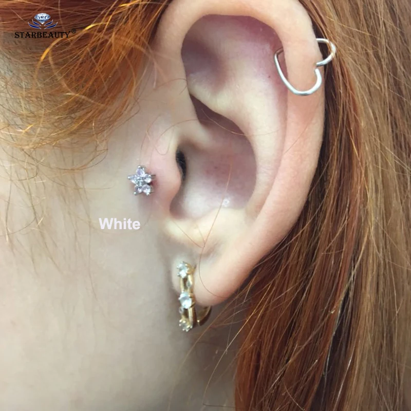 2 pcs/lot 16G 1.2x6mm Six Bijoux Flower Tragus Ear Piercing Oreja White Gem Star Helix Cartilage Earrings Studs Jewelry | Украшения и