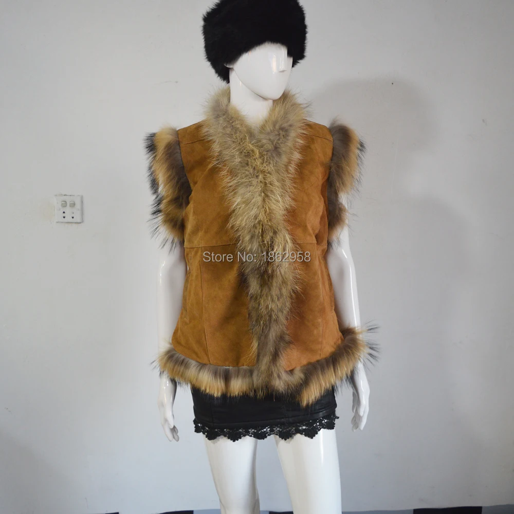 SJ185 Новая мода Свинья замша с мех енота/горячая Распродажа Модные женские Gilets
