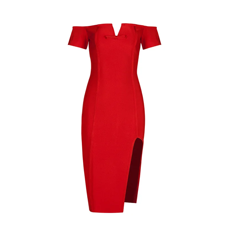 Оптовая продажа новое платье Красный Slash шеи Мода Досуг роскошные знаменитости