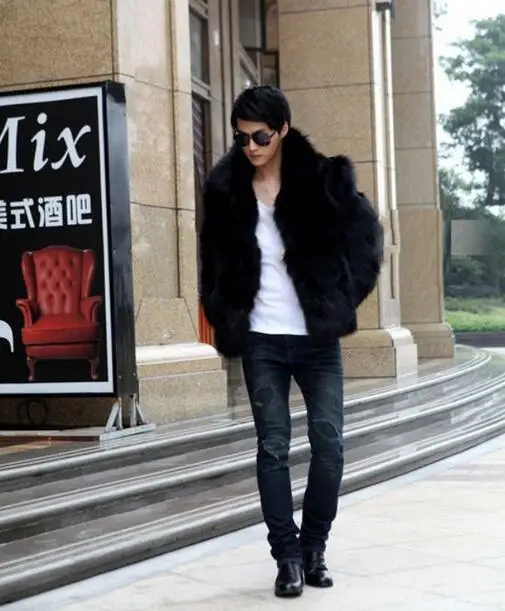 Мужская куртка из искусственного лисьего меха с меховым воротником|men leather