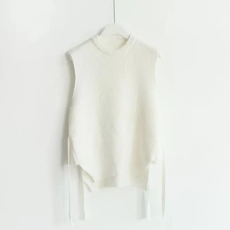 MUMUZI Spring 2021 Wool Sweater Vest Women Sleeveless O-Neck Knitted Female casual tank tops pullover lace up split side | Женская