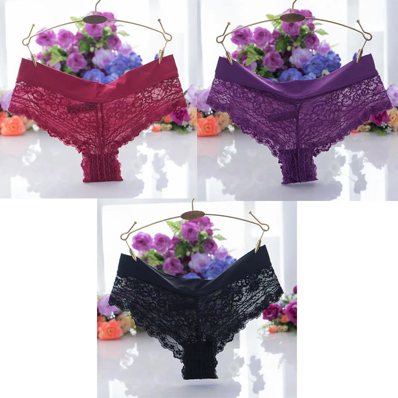 red purple black TEXIWAS, 3 шт./лот, сексуальные женские кружевные трусики-стринги, хлопковые Crtoch трусы, нижнее белье, женские прозрачные дышащие стринги, нижнее белье - Цвет: red purple black
