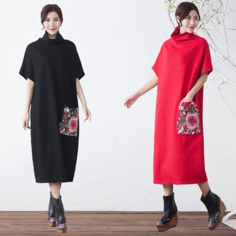 Женское винтажное платье Boho-Chic осеннее в китайском стиле с коротким рукавом и