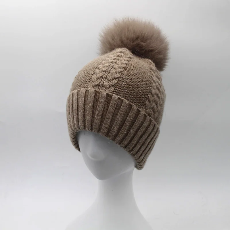 Женские шерстяные шапки Skullies шапочки 15 см с помпоном из лисьего меха женские
