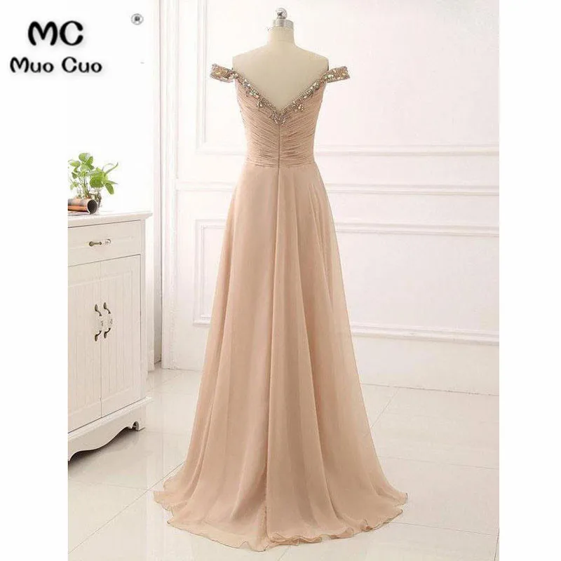 

Excellent 2018 A-Line Beaded Prom Dresses Long Floor Length Sweep Train Deep V-Neck Off Shoulder Formal Evening Party Dress