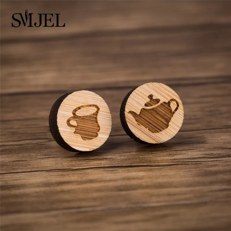 Tea Cup Pot Earring SMJEL Панк Круг Кулон Серьги гвоздики деревянный для женщин Глобус мира серьги с картой ручной работы подарок для нее путешествия ювелирные изделия Мать Земля - Окраска металла: Tea Cup Pot Earring