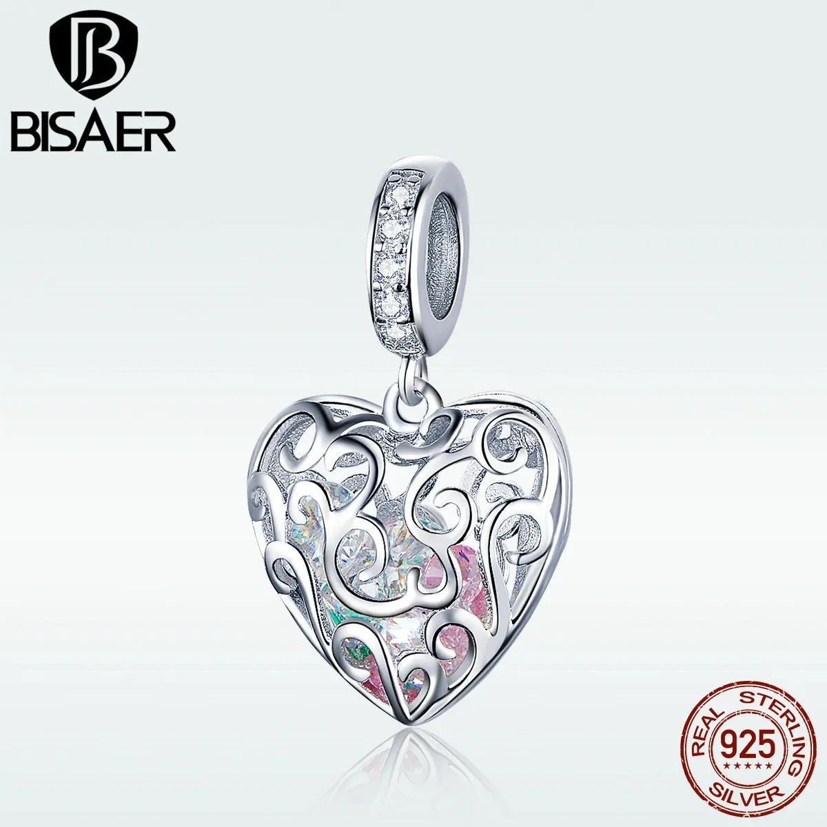 BISAER 925 пробы серебро сердце любовь красочные кристалл шармы бусины подходят для женщин Браслеты DIY ювелирные изделия подарок подруге ECC1126