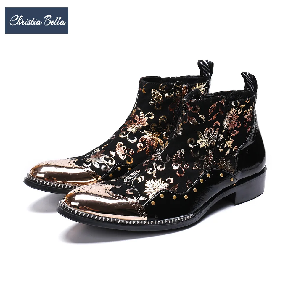 

Christia Bella Luxury Gold Floral Men Short Boots Bullock Carved Boots Plus Size Zipper Ankle Boots Formal Leather Shoes