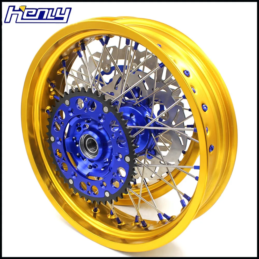 3,5/5,0 17IN. В комплекте диски SUPERMOTO для SUZUKI DRZ400SM 2005- синие соска Золотые диски Передние диск 310 мм