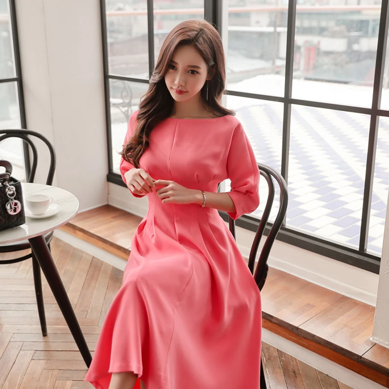 Элегантный слэш образным вырезом Для женщин Line платье три четверти рукав длинное