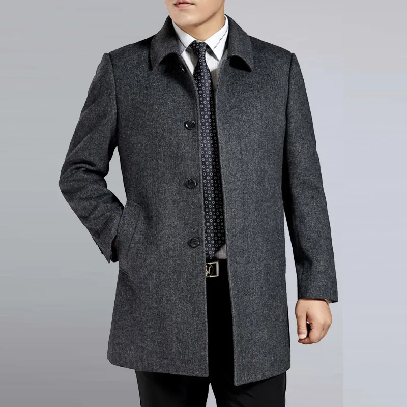 

2019 New Autumn Winter Middle Age Men's Cashmere Coat Men Wool Trench Male Turn Down Collar Single Breasted Woolen Outerwear