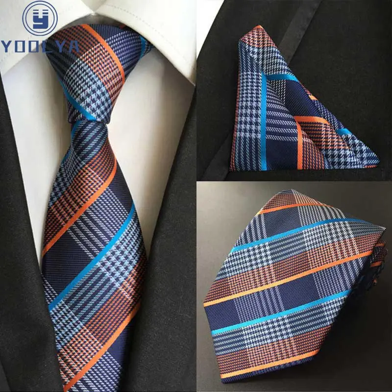 HOT 8cm Men Silk Tie Striped plaid Necktie Handkerchief Set Luxury Neck Ties Men's Classic Party Wedding Pocket Square Sets |