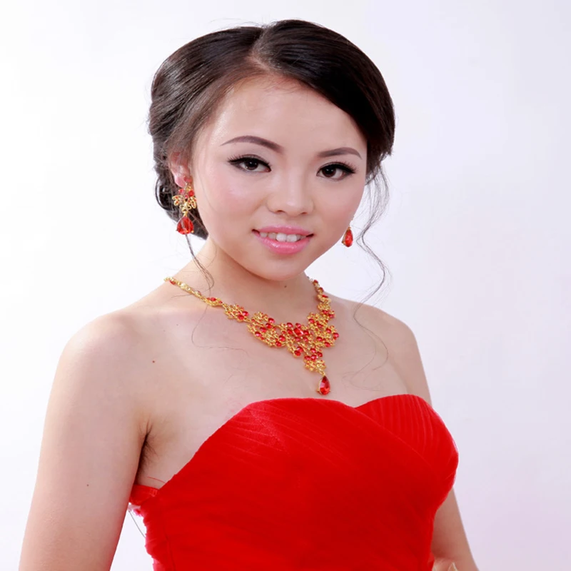 Комплект свадебных украшений ожерелье и серьги цвет красный XL005|jewelry necklace sets|necklace