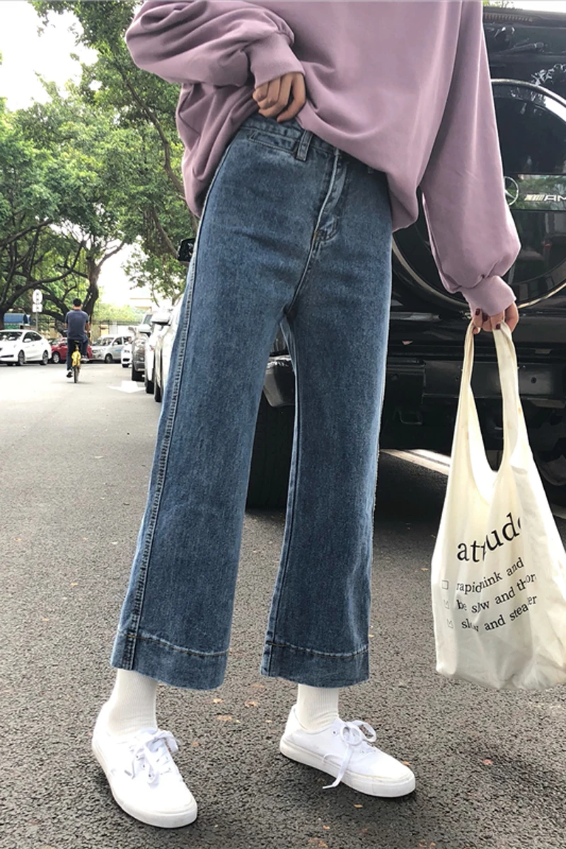 Spring women's Korean version of the simple loose wild wide leg pants jeans high waist straight ankle-length |