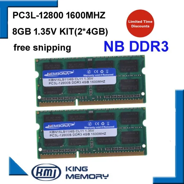 Оперативная память для ноутбука KEMBONA, оперативная память DDR3 8 ГБ, комплект (2*4 Гб) 12800S PC3L 1,35 в, низкая мощность 1600 МГц, 204 контактов, SODIMM, пожизненная Гарантия