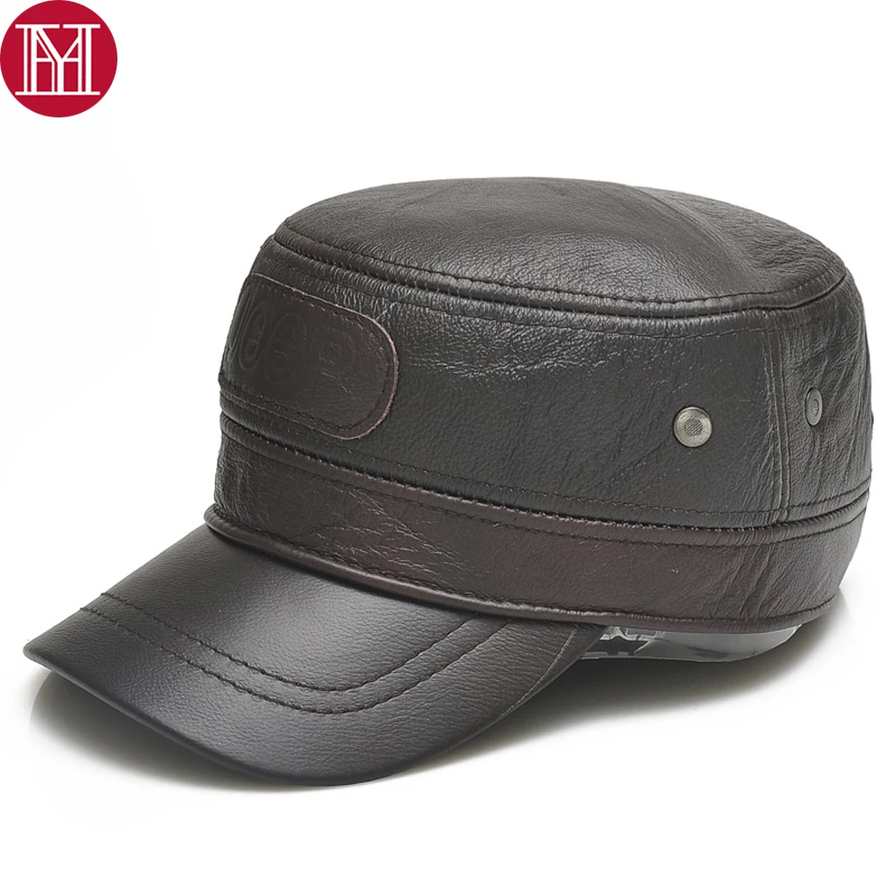 Genuine Real Cowhide Leather Earflap Hats Male Fall Winter Cow Flat Hat Hot Sale Outdoor Baseball Caps | Аксессуары для одежды
