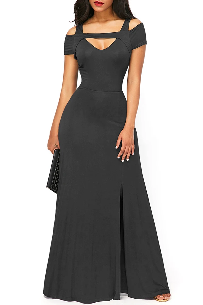 Women New Cold Shoulder Front Slit Flare Maxi Dress Sexy V Neck Empire Waistline Party Long Plus Size Elegant Dresses Vestidos | Женская