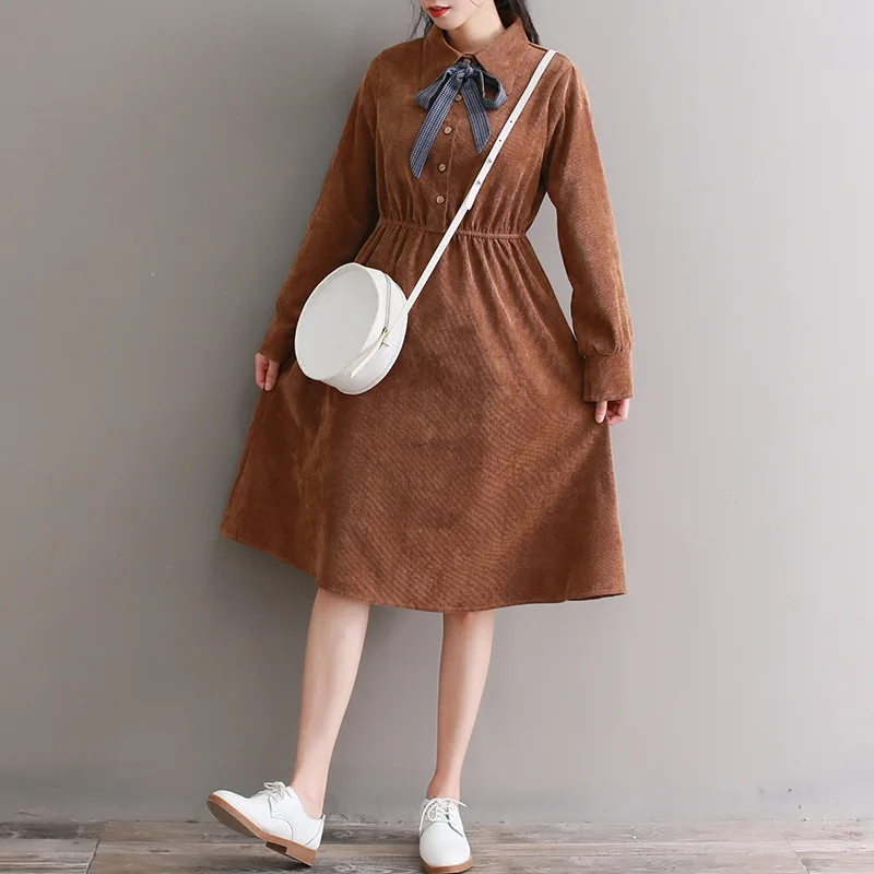 Женское вельветовое Повседневное платье 2018 Новое Осеннее женское халат сплошной