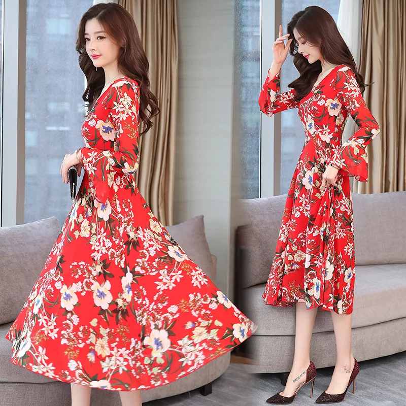 Женское шифоновое платье с цветочным принтом Длинное Элегантное пикантное