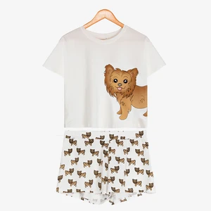 Женский пижамный комплект из хлопка и спандекса, топ с коротким рукавом + шорты, пижамный комплект из 2 предметов, S7N201