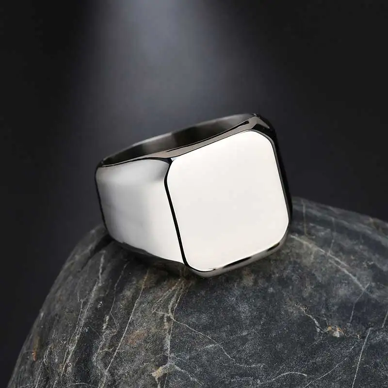 Silver Nextvance Polishing Engraved Signet Ring Square Big Wide Band Название кольца Персонализированный подарок для байкеров Он-дракон Мужчины Punk Jewelry - Цвет основного камня: Silver