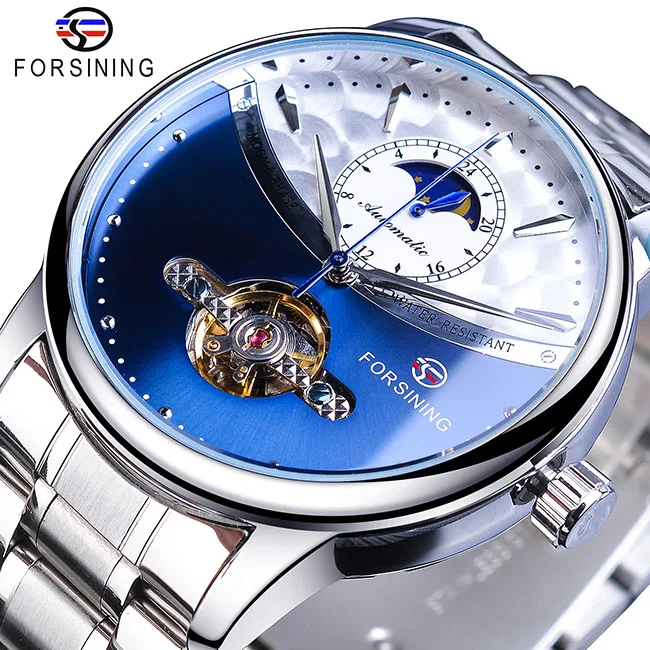 S1150-10 Forsining, автоматические часы, мужские, синяя фаза Луны, турбийон, механические часы, черный стальной ремешок, Relogio Masculino, водонепроницаемые часы - Цвет: S1150-10