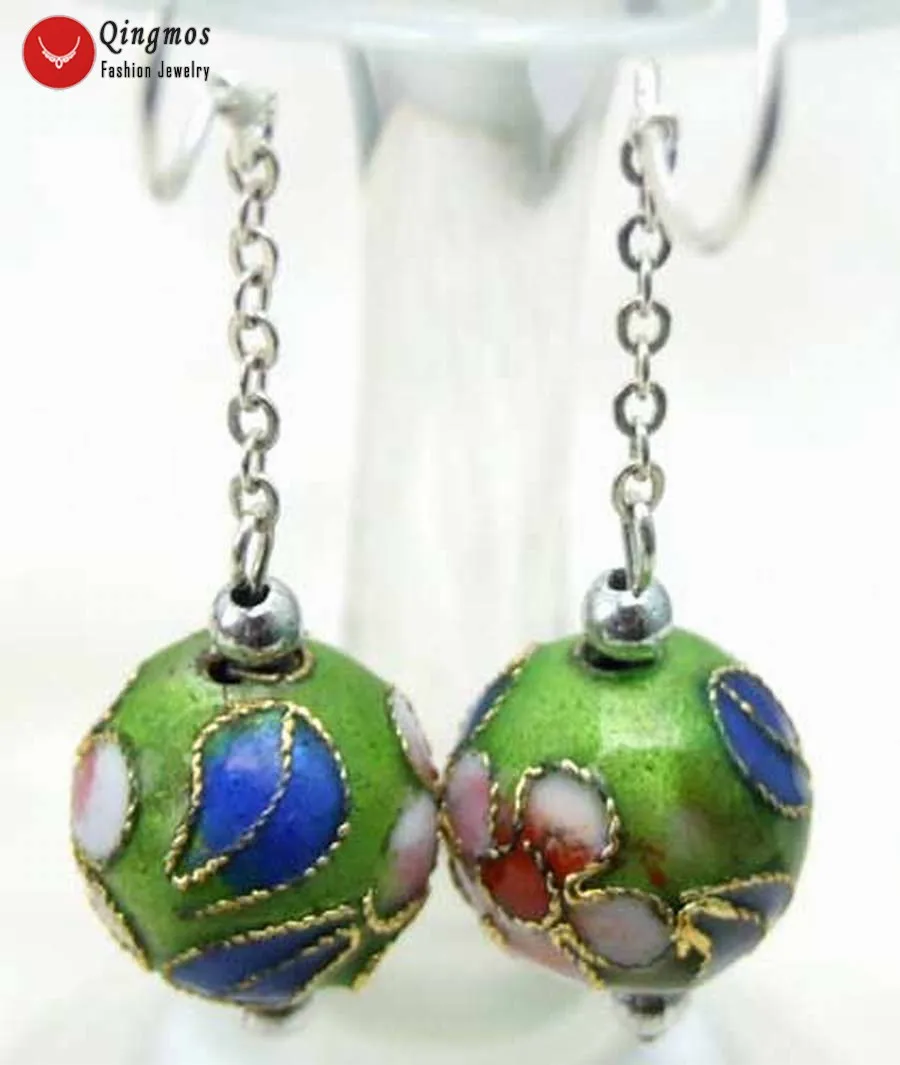 

Qingmos Trendy Cloisonne Earrings for Women with 12mm Green Round Cloisonne & White Flower Dangle 2" Earring Fine Jewelry ear213
