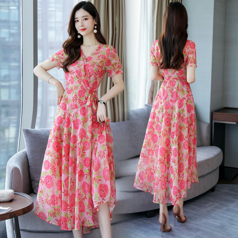 

Women summer long dress high quality elegant floral printed chiffon dress lady v-neck long dress short sleeve