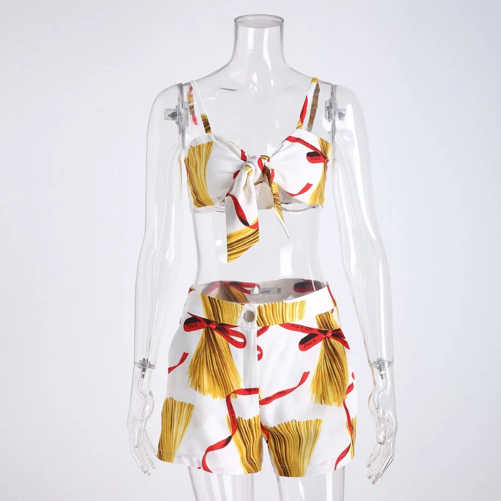 Women Summer 2 Piece Set Sexy Bikini Crop top Shorts Chiffon Floral Print Hot Pants Strap Top Casual Beach Holiday Suit | Женская одежда