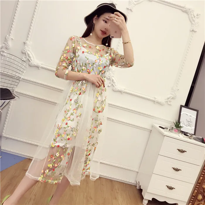 2017 Women Spring Summer Dress Embroidery Floral Mesh Dresses for Woman Female Perspective Costumes | Женская одежда
