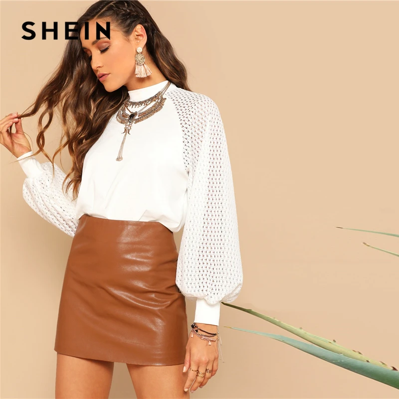 SHEIN Топ С Оригинальным Рукавом И Стоячим Воротником Женская Белая Весенняя Элегантная Блузка С Длинными Рукавами