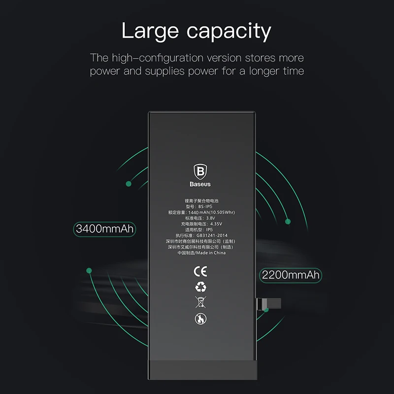 Аккумулятор Baseus для мобильного телефона iPhone 5, реальная емкость, 1440 мА/ч, литий-ионный полимерный аккумулятор, Замена для iPhone 5
