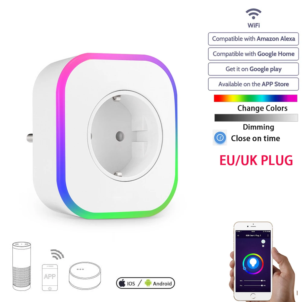 Alexa Smart EU UK розетка Wi-Fi розетка с RGB ночной лампой монитор питания USB интерфейс Синхронизации стандартный разъем Google Home IFTTT