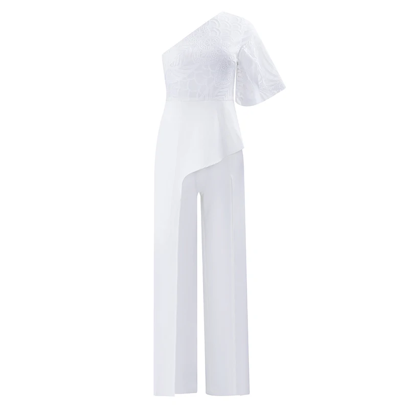 White Max Spri летние новые модные женские элегантные свободные длинные Комбинезоны на одно плечо с коротким рукавом и кружевными оборками - Color: White
