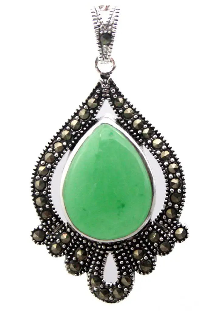

Marcasite green Gem JADE Teardrop 925 Sterling Silver Vintage Pendant 40*20mm