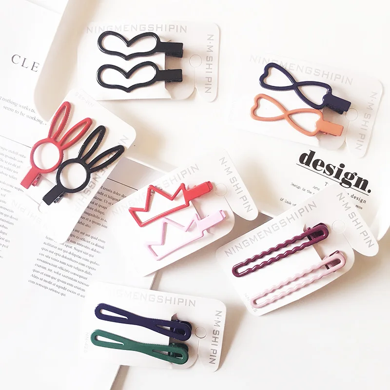 

1sat=2pcs Candy colors cute fashion wild metal duckbill clip fresh cartoon long ears rabbit hairpin headdress Headwear