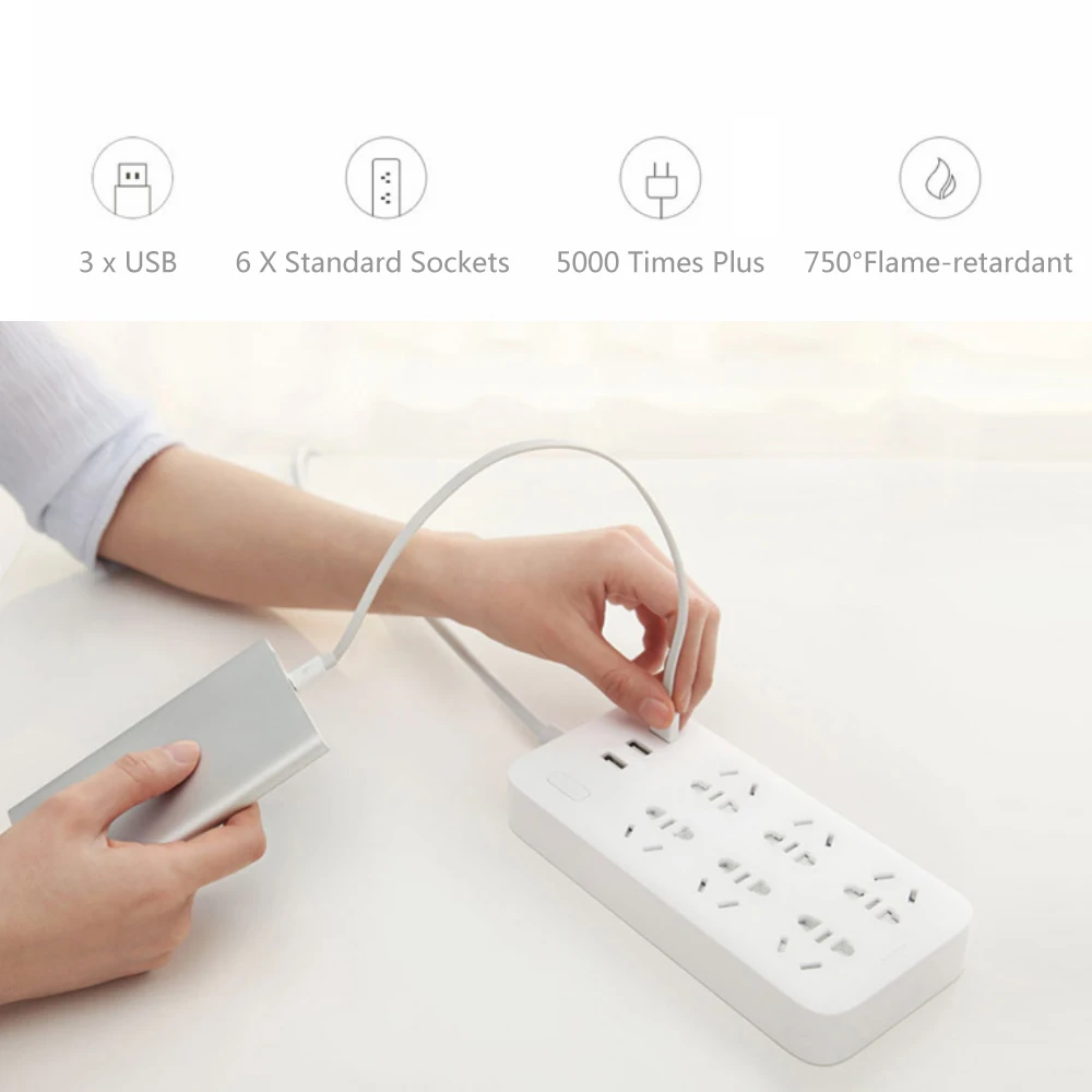 Xiaomi Mijia, сетевой конвертер, 6 розеток, портативный штекер, адаптер для путешествий и дома, с 3 usb-портами для быстрой зарядки, штепсельная розетка, переключатель