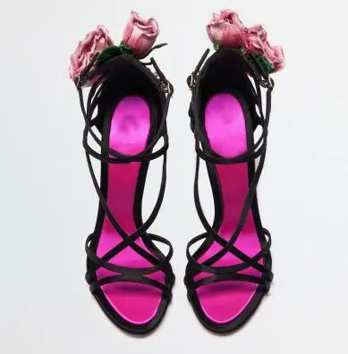 as picture Sandalias Mujer; коллекция года; дизайнерские босоножки на высоком каблуке с розами; женские босоножки с перекрестными ремешками и цветочным узором; пикантные модельные туфли-гладиаторы - Цвет: as picture