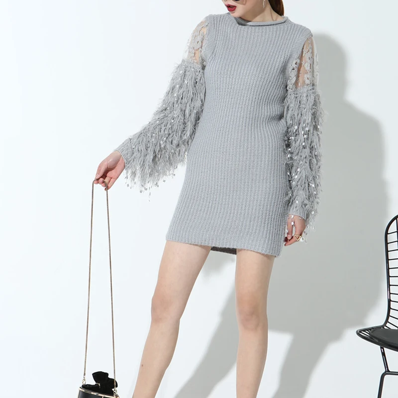 New Fashion Comfortable Stitching Knitting Lantern Sleeves Full Sleeved Gray Color Short Dress Women Temperament Tide | Женская одежда