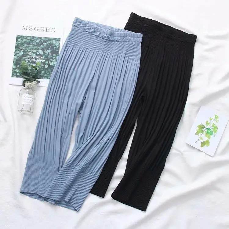 Pleated Plus Size 5XL Summer Calf-length Pants Thin Chiffon Pants Womens High Waist Slim Ladies Trousers Elastic Waist PantsA342