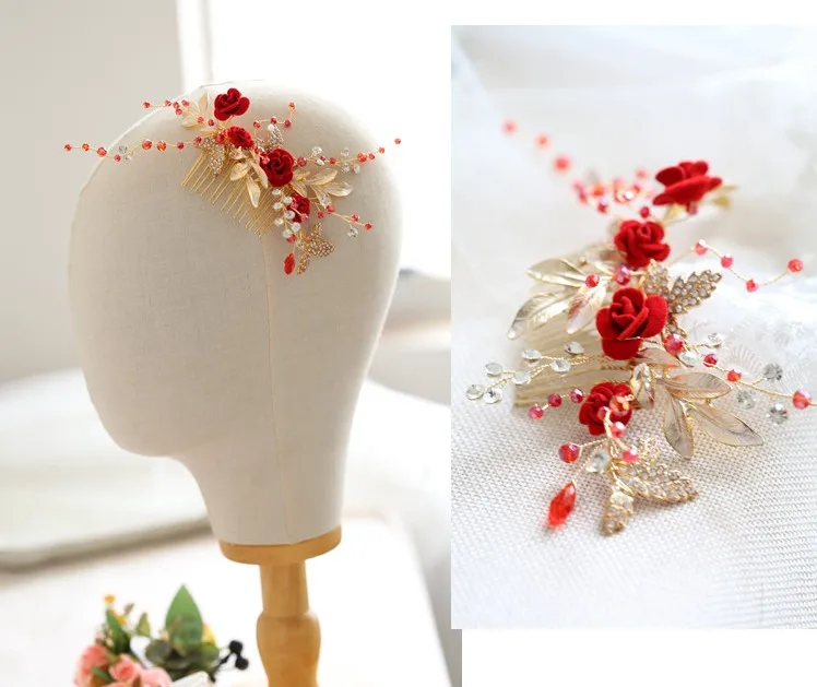 Jonnafe Pretty Red Rose Foral Hair Comb Bridal Pins Handmade Women Prom Jewelry Wedding Accessories Bridesmaid Headpiece | Украшения и