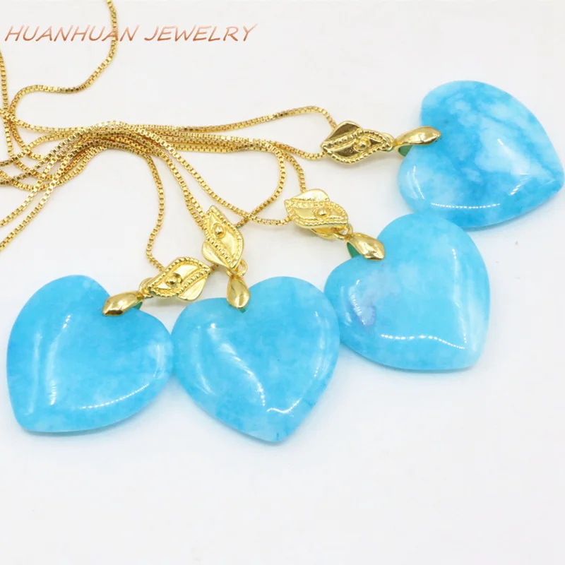 New Trendy Natural Blue Jades Chalcedony Stone Pendant Chain Necklace For Women Heart Shape 25mm Pendants Charms Jewelry B3350 | Украшения
