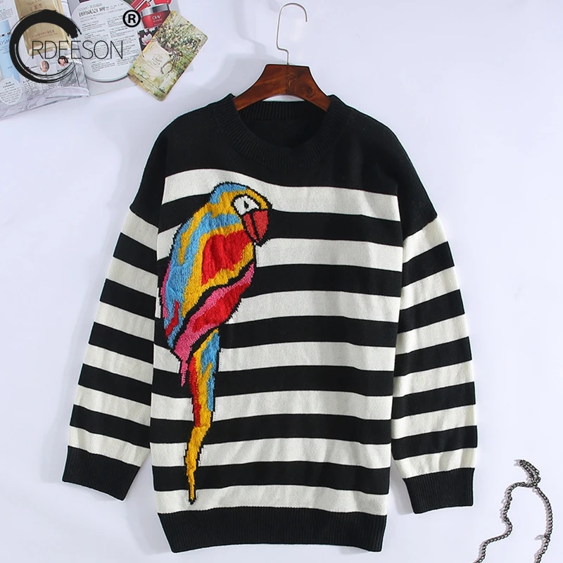 ORDEESON Stripe Parrot Embroidery Long Oversized Sweater Women Sweaters and Pullovers Jumper winter round neck Knitted | Женская одежда