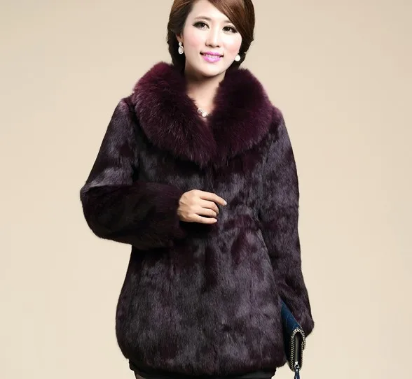 Зимняя женская шуба из натурального кроличьего меха с воротником лисьего тонкая