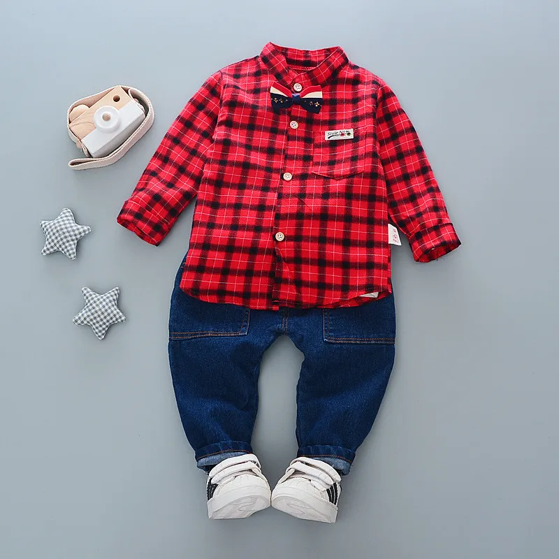 Baby boys spring clothing set newborn baby cotton plaid shirt+jeans pants 2pcs gentleman suit for toddler casual sets |