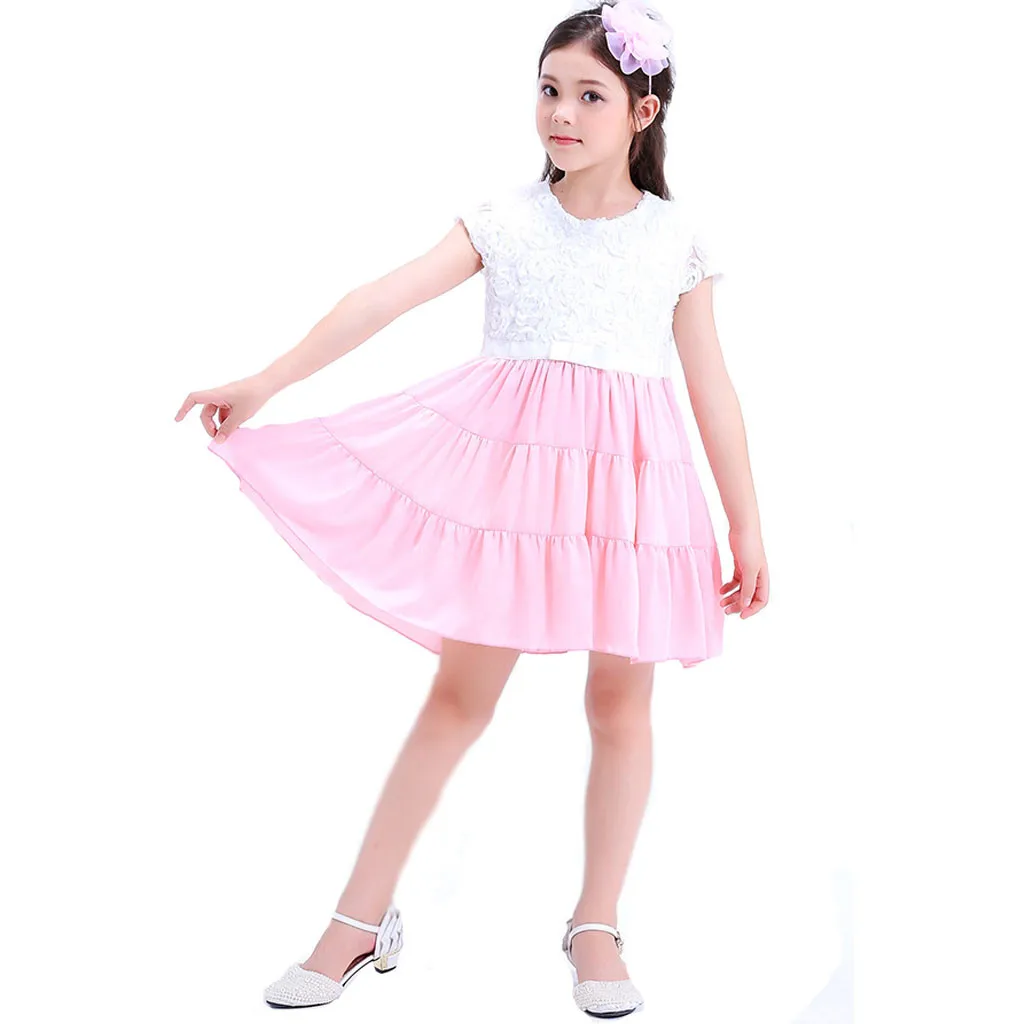 Fashsiualy Children Summer Princess Dresses Clothes For Kid Baby Girls Lace Solid Stitching Short Sleeve A-Line Dress | Детская одежда