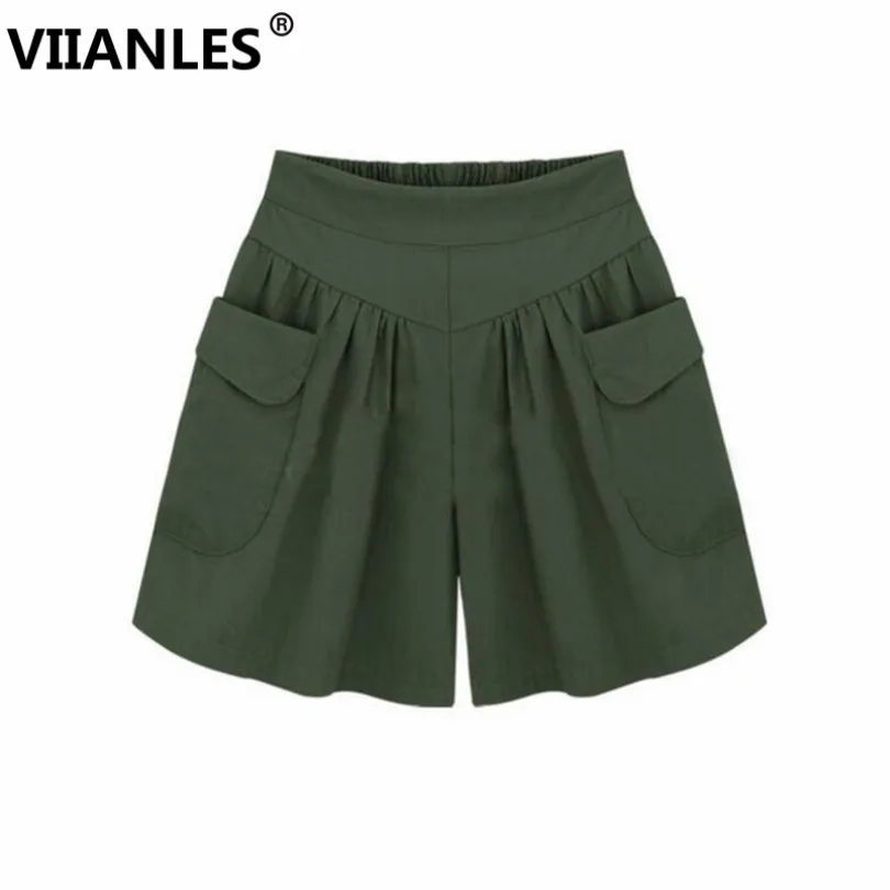 

VIIANLES Summer Women Shorts High Waist Loose Cotton Shorts Female Pockets Elastic Army Casual