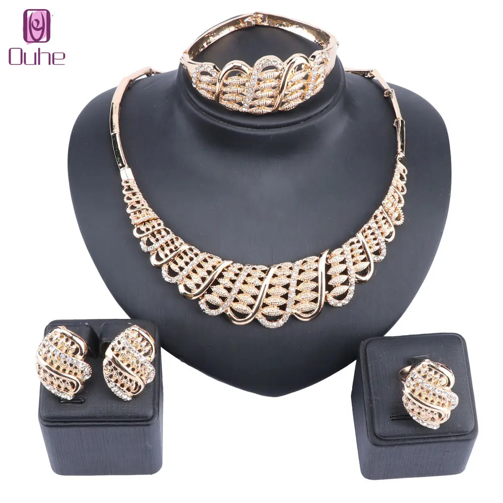 

Women Handmade Dubai Gold Color Crystal Costume Necklace Jewelry Sets Fashion Nigerian Wedding African Beads Jewelry Sets